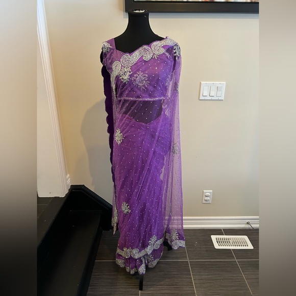 Purple Embellished Saree with Matching Blouse - Picture 2 of 11